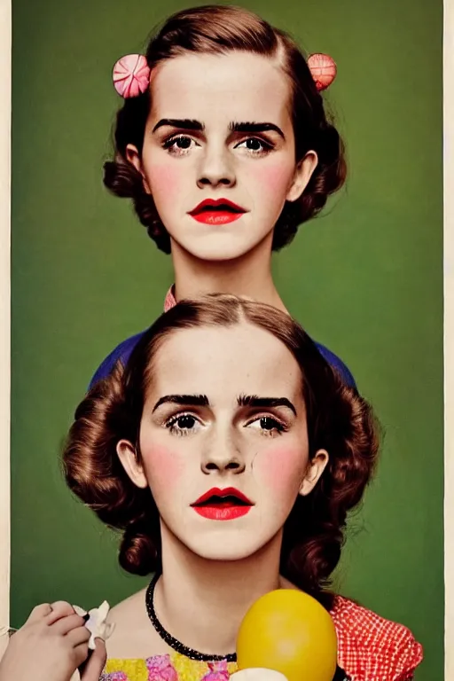 Prompt: photo photorealistic medium shot head and chest portrait photograph Emma Watson picnic 1950s colorful portrait by Norman Rockwell, Cecil Beaton, Lee Miller, Irving Penn, David Bailey, Corinne Day, Patrick Demarchelier, Nick Knight, Herb Ritts, Mario Testino, Tim Walker, Bruce Weber, Edward Steichen, Peter Lindbergh, Albert Watson