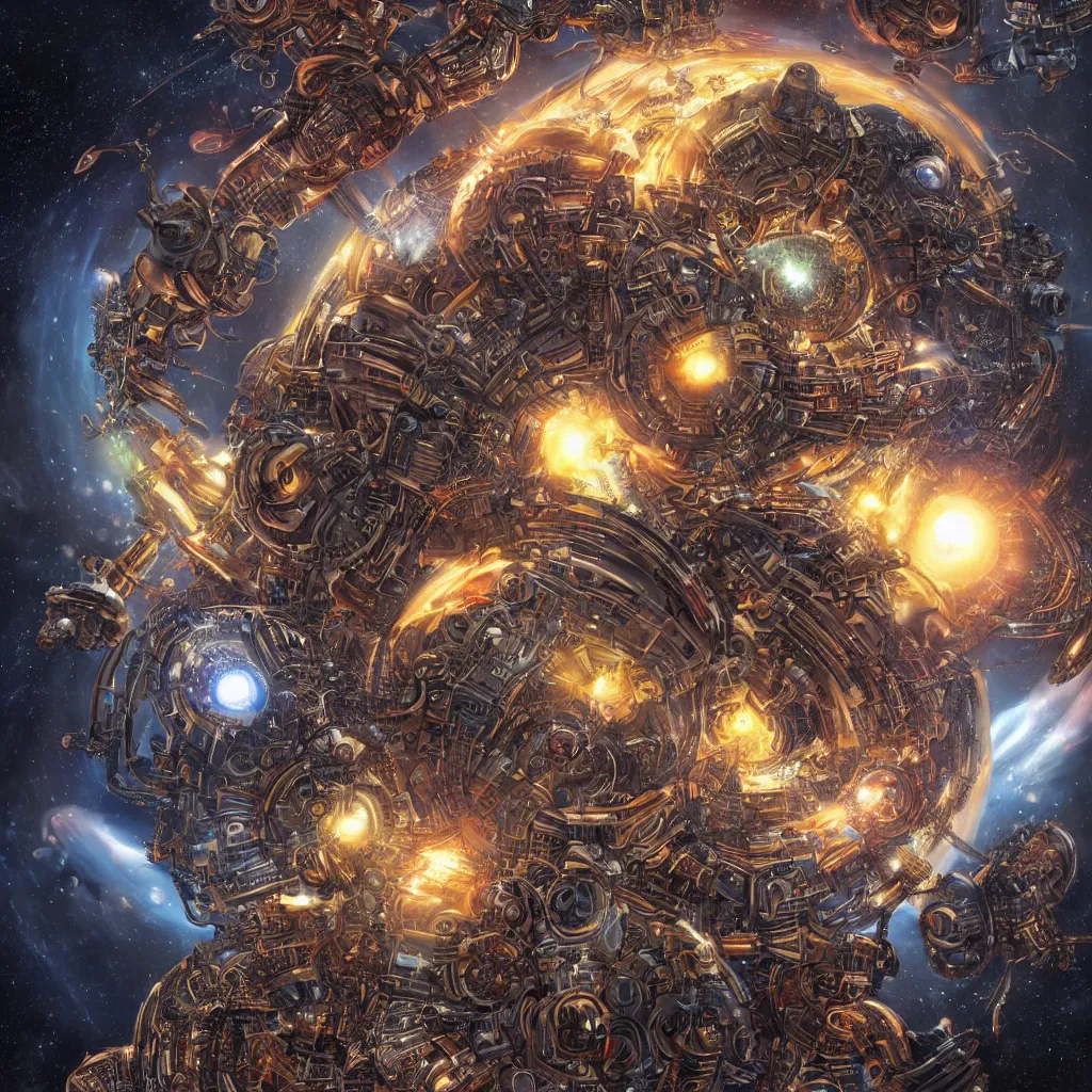 Image similar to mechanical humanoid alien god attacking planets in space, art by mark cooper, 8 k, hyper detailed, hdr, intricate, masterpiece, in the style of mark cooper