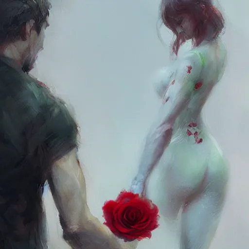 Image similar to hyperrealistic hand holding a red rose by ruan jia and greg rutkowski