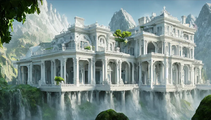 Image similar to Gorgeous white palace with big windows and columns built in the green giant mountains, hyperdetailed, artstation, cgsociety, 8k