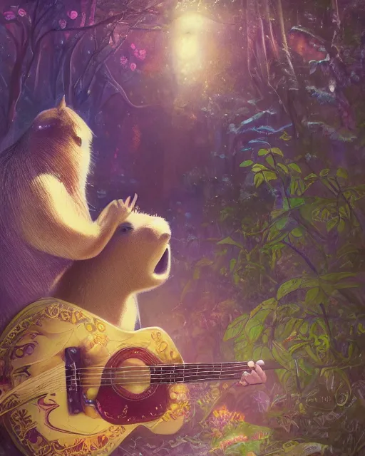 Image similar to Capybara playing Guitar in magical forest, portrait, magical notes, flowers, flower dress, fairy atmosphere, magic the gathering artwork, D&D, fantasy, cinematic lighting, centered, symmetrical, highly detailed, digital painting, artstation, concept art, smooth, sharp focus, illustration, volumetric lighting, epic Composition, 8k, art by Akihiko Yoshida and Greg Rutkowski and Craig Mullins, oil painting, cgsociety