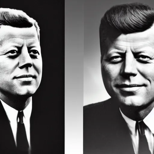 Image similar to portrait photo of bald john f kennedy and nikita kruschev next to each other, black and white, atmospheric lighting