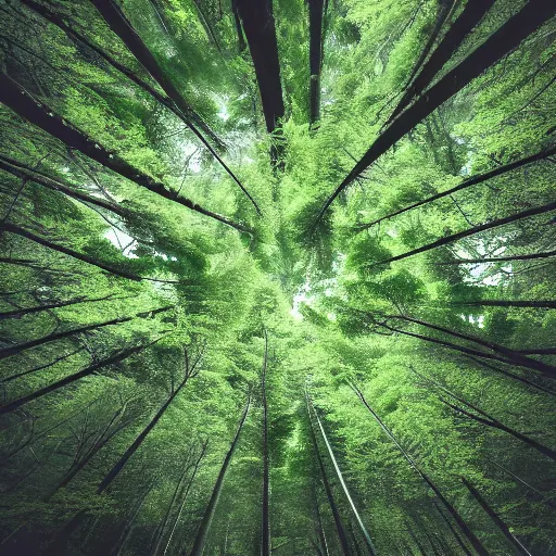 Image similar to Looking down at the forest floor, covered in fallen leaves, A green gold forest in Japan, dark, midnight, ghostly white trees