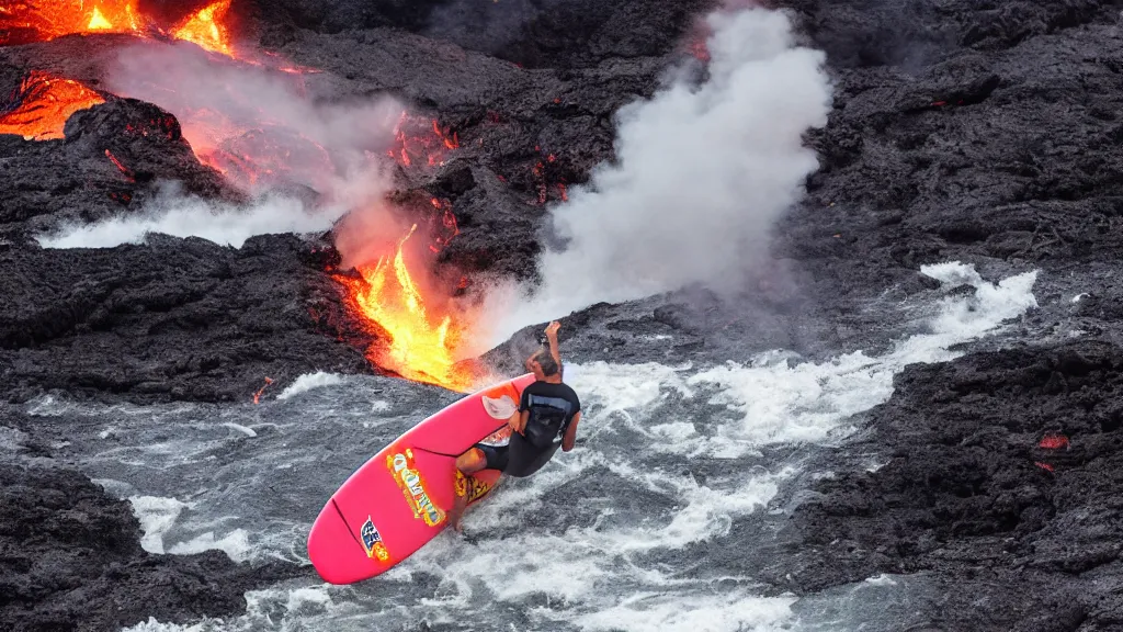 Image similar to person wearing a sponsored team jersey with logos surfing down a river of lava on the side of a volcano on surfboard, action shot, dystopian, thick black smoke and fire, sharp focus