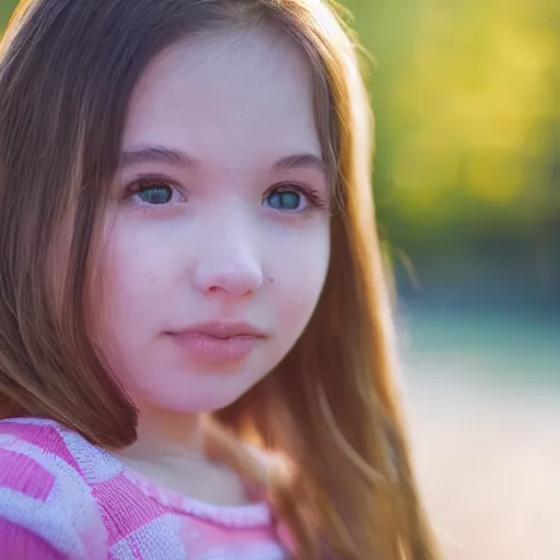 Image similar to close up shot 50mm young girl golden hour in park by lake