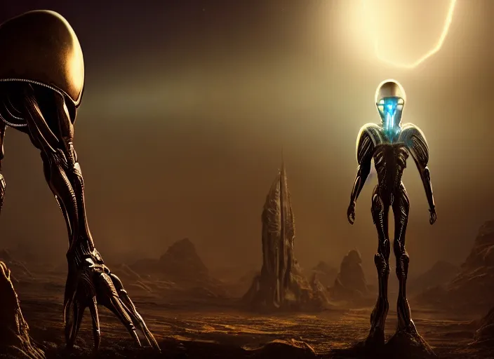 Image similar to medium shot, an alien with beautiful glowing eyes, detailed symmetrical face and skin, wearing a long flowing cloth shirt over stylish large futuristic armor poses beside an outpost with tall detailed structures with lights in the night sky, incredible detail, anamorphic 2 0 mm lens cinematic flare, photorealistic!!!