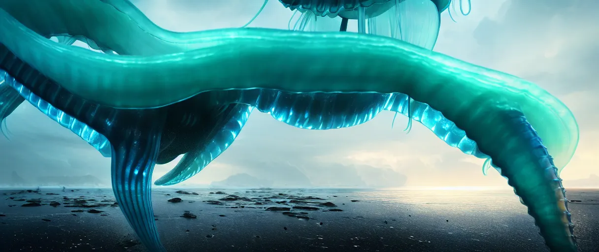 Image similar to a stunning cinematic extreme wide shot of an slick sleek smooth translucent jellyfish sea monster wearing clothes made of seaweed on a dark stormy beach, with huge luminous sad eyes, sharp claws, cgsociety, hd octane render, fantasy, artstation, deviantart, furaffinity, very very clean, super smooth, thunderclouds, thunderstorm