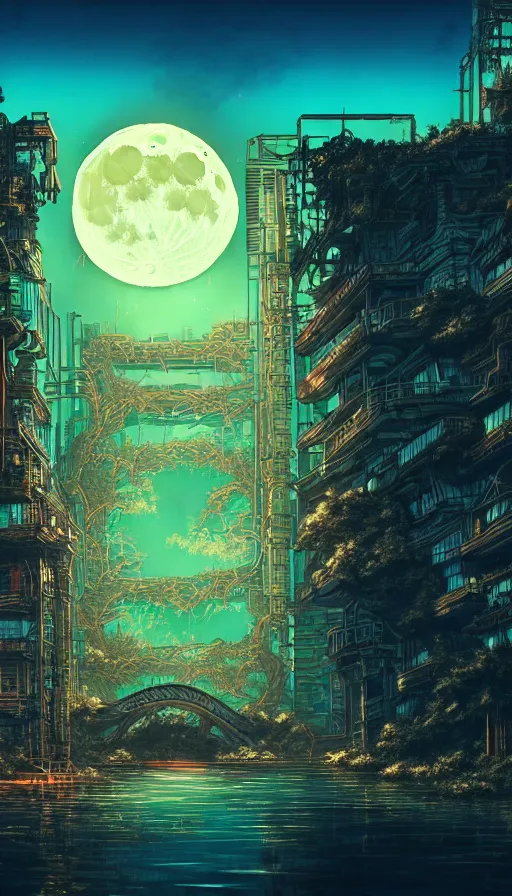 Image similar to reclaimed by nature by moon hoon, darkacademia atlantis cosmic san andreas at dawn neon signs tokyo synthwave universe, archdaily, wallpaper, highly detailed, trending on artstation.