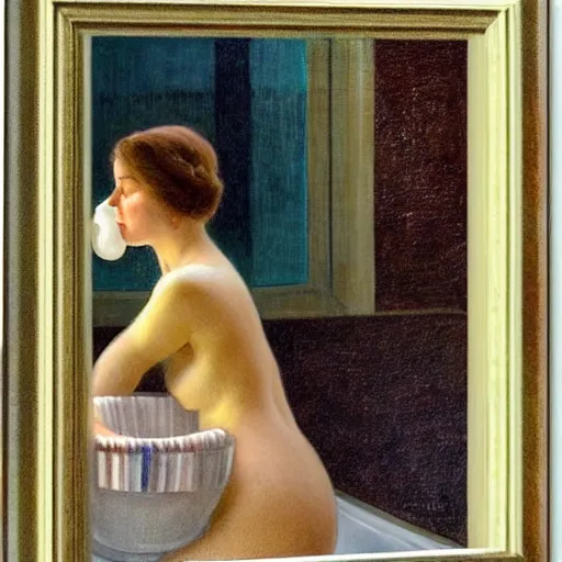 Image similar to realistic oil painting of young woman in a bathtub full of milk, smiling with her eyes closed as she washes herself, city lights from art deco window, hopper, mucha, irene patten, manara,