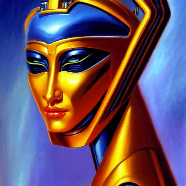 Prompt: a beautiful painting cyberpunk robot queen of egypt face, by boris vallejo realistic oil painting