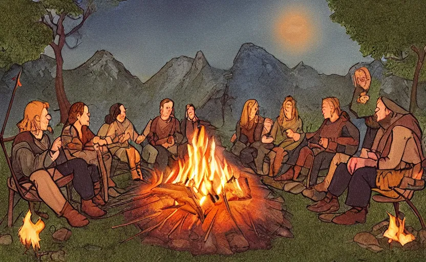 Image similar to illustration of the fellowship of the ring making s'mores around a campfire