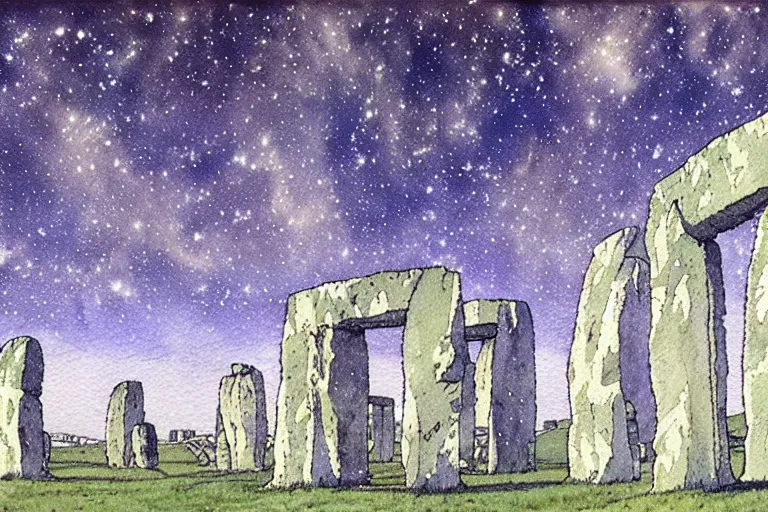 Prompt: hyperrealist studio ghibli watercolor fantasy concept art of a 1 0 0 ft. giant sittong on stonehenge. it is a misty starry night. by rebecca guay, michael kaluta, charles vess