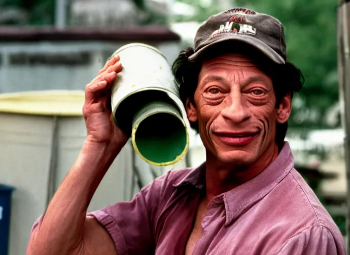 Prompt: photo of jim varney as ernest p worrell as a garbage collector, 8 k, 8 5 mm f 5. 6