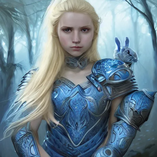 Image similar to young blonde female warrior in heavy blue and white armor, very beautiful and proportional face, surrounded by rabbits and exotic creatures, epic wallpaper, wide shot, high fantasy, flowers and trees, intricate detail, digital painting, artstation, concept art, smooth, sharp focus, illustration, art by monia merlo and wlop and artgerm and craig mullins