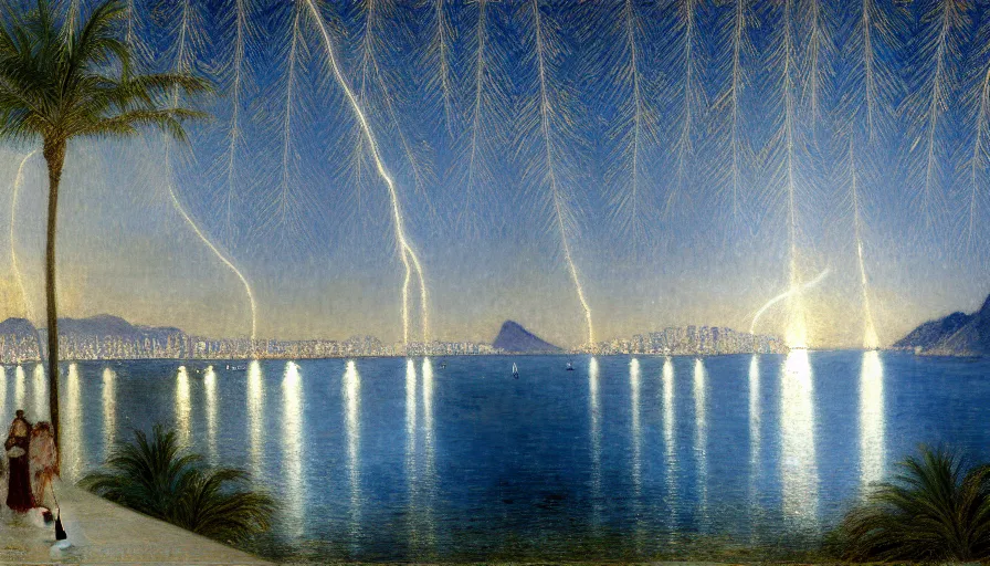 Prompt: a ultradetailed beautiful painting of the night sky of the rio de janeiro palace balustrade designed by jules bastien - lepage, tarsila do amaral, frank weston and gustave baumann, beach, trending on artstation, mediterranean, palm trees, sharp focus, lightning sparkles refraced lines, soft light, 8 k 4 k