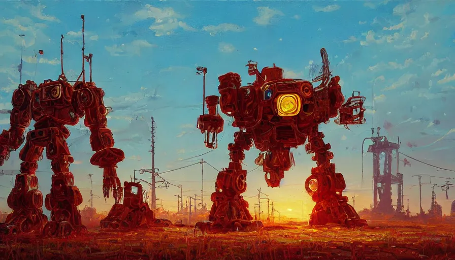 Image similar to an intricate oil painting of a giant scrap metal anime mecha with by simon stalenhag, golden hour