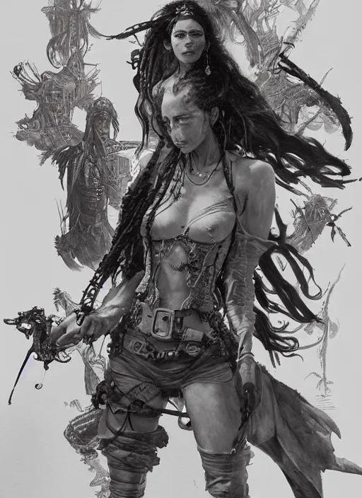 Image similar to detailed pencil spot illustrations of various character concepts from cyberpunk and pirates of the caribbean movie, various poses, by burne hogarth, by bridgeman, by anthony ryder, by yoshitaka amano, by ruan jia, by conrad roset, by mucha, artstation, artstation.