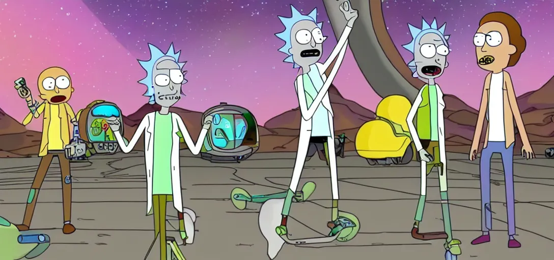 Image similar to galaxy, e - scooter invasiom, rick and morty, cinematic