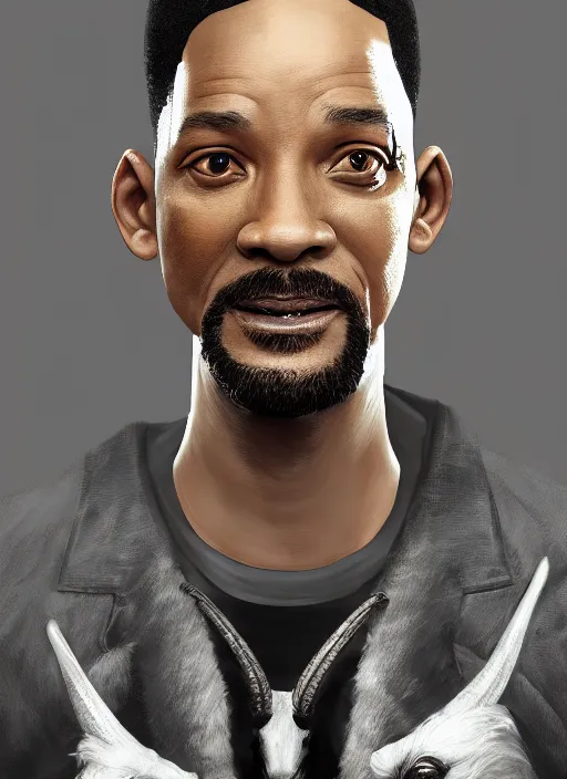 Image similar to anthropomorphic portrait of will smith as half goat, au naturel, hyper detailed, digital art, trending in artstation, cinematic lighting, studio quality, smooth render, unreal engine 5 rendered, octane rendered, art style by klimt and nixeu and ian sprigger and wlop and krenz cushart