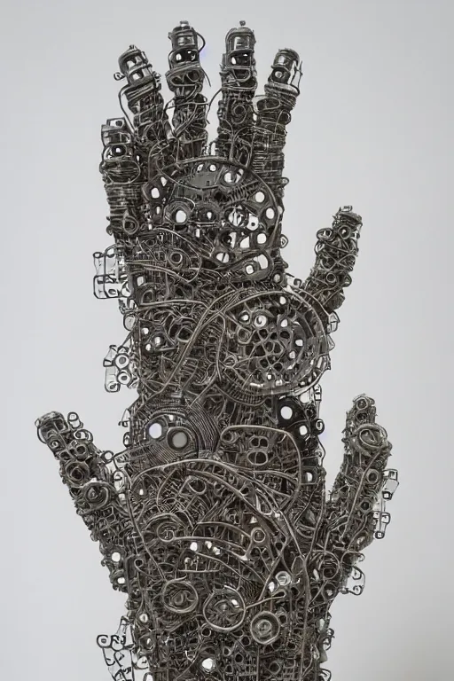 Image similar to cybernetic robotic hand made of intricate gears, wires and ceramics, engraved with sanskrit writing