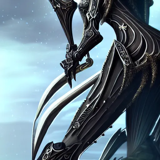 Image similar to highly detailed exquisite fanart, of a beautiful female warframe, but as an anthropomorphic robot dragon, matte black metal armor with white accents, close-up shot, a katana-like sword resting on her hip, epic cinematic shot, sharp claws for hands, professional digital art, high end digital art, singular, realistic, captura, DeviantArt, artstation, Furaffinity, 8k HD render