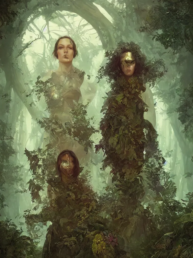 Image similar to a solarpunk portrait of a gorgeous woman in the movie Annihilation, with mutated bears and trees and fractal sunlight, award-winning, masterpiece, in the style of Tom Bagshaw, Cedric Peyravernay, Peter Mohrbacher