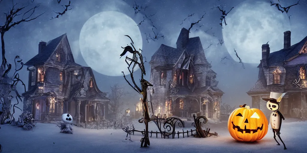 Prompt: a scene from tim burtons nightmare before christmas, halloween town, illustration, reality, wide shot, light colors, highly detailed, sharp focus, cinema 4 d, 3 d, octane render