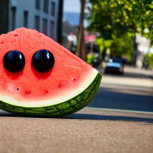 Image similar to watermelon with large eyes and legs walking across the street, front view, dslr photo 70mm