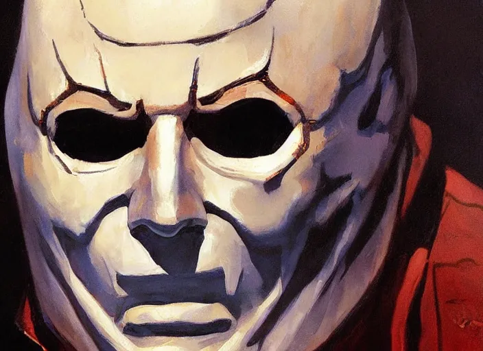 Prompt: a highly detailed beautiful portrait of michael myers by gregory manchess, james gurney, james jean