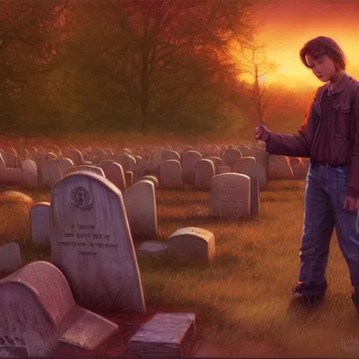 Image similar to stand by me river phoenix leaning on a grave stone, sadness, matte detailed photo, DeviantArt, Artstation, by donato giancola, ralph horley, loish, cinematic lighting