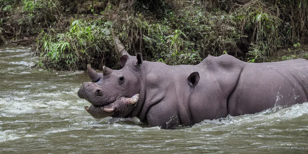 Image similar to hippo with a rhino horn, in a river in the jungle, extremely high fidelity, natural lighting