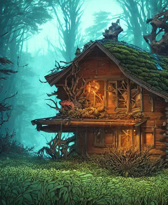 Prompt: a whimsical cabin made from isopods, overgrown with huge rare fungus, deep in the woods, by dan mumford, yusuke murata, makoto shinkai, ross tran, underwater, hellish, cinematic, unreal engine, cel shaded, featured on artstation, pixiv