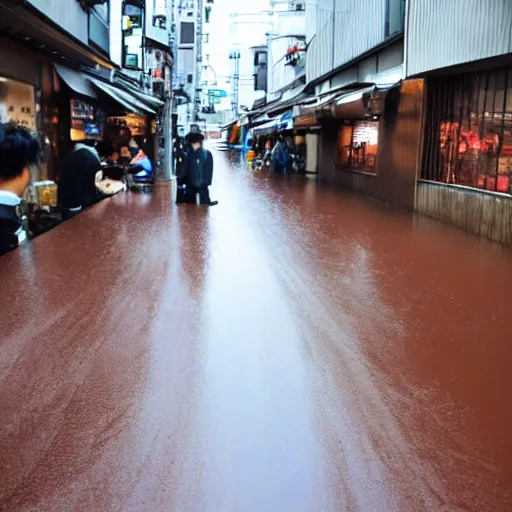 Prompt: an chocolate liquid melting from sky and flooding the street of tokyo