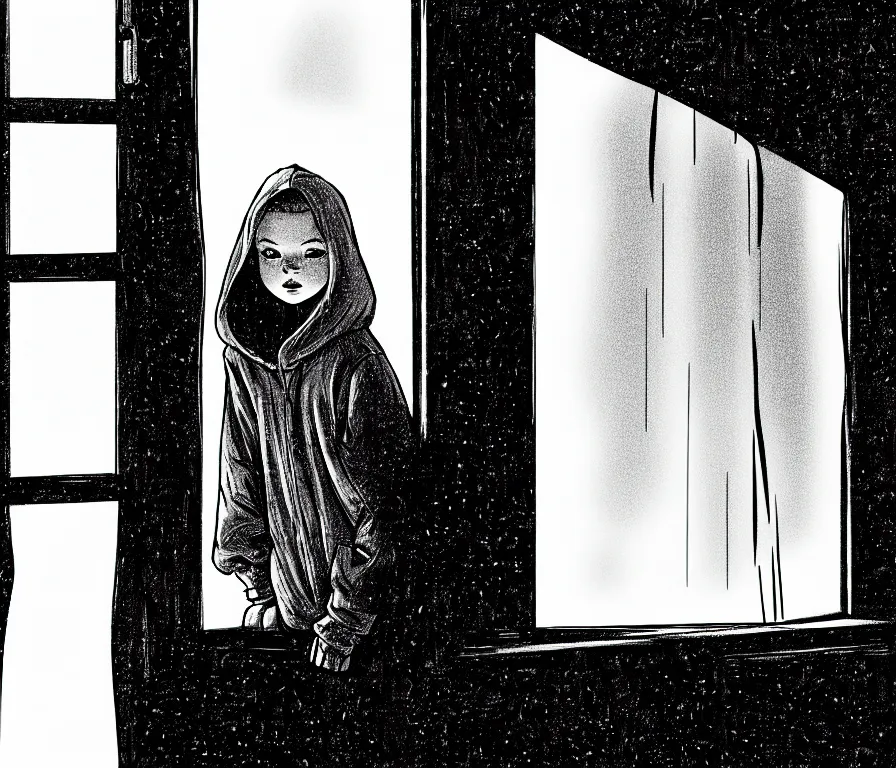 Image similar to sadie sink in hoodie sits on windowsill, knees tucked in as rain falls at night : b & w storyboard drawing, scifi cyberpunk. by joe alves, gabriel hardman, chris bonura. cinematic atmosphere, detailed and intricate, perfect anatomy