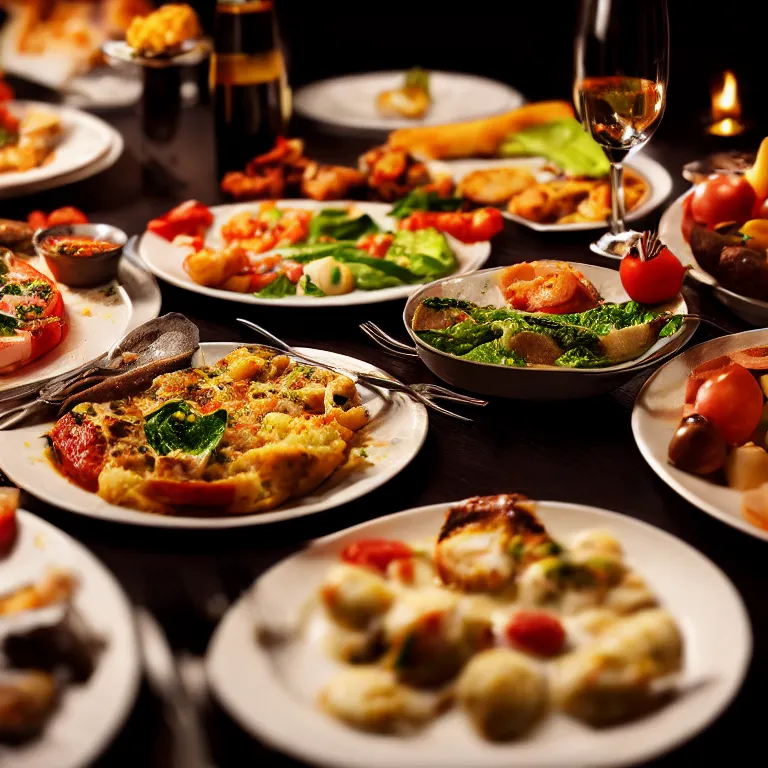 Prompt: close - up focused dslr photograph of an italian dinner, 8 k, high detail, volumetric lighting, hyperrealism, aesthetically pleasing, studio lighting, trending