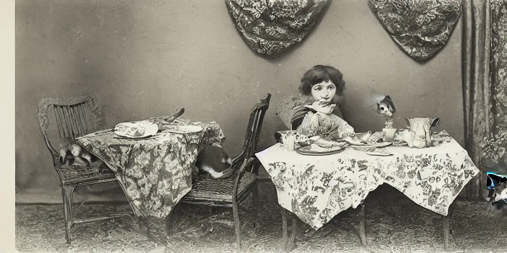 Image similar to a girl has breakfast with her cat at the table filled with food, flowery wallpaper, 1 8 8 0 s style, professional photography