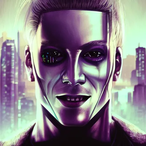 Image similar to cyberpunk, closeup portrait of a cyberpunk entertainer, blond hair, grey eyes, sadistic smile, delicate jaw, hologram, dramatic light, city background, sunset, dystopian setting, high contrast, sharp, neuromancer, peter riviera, painted by stanley lau, painted by greg rutkowski, painted by stanley artgerm, digital art, trending on artstation