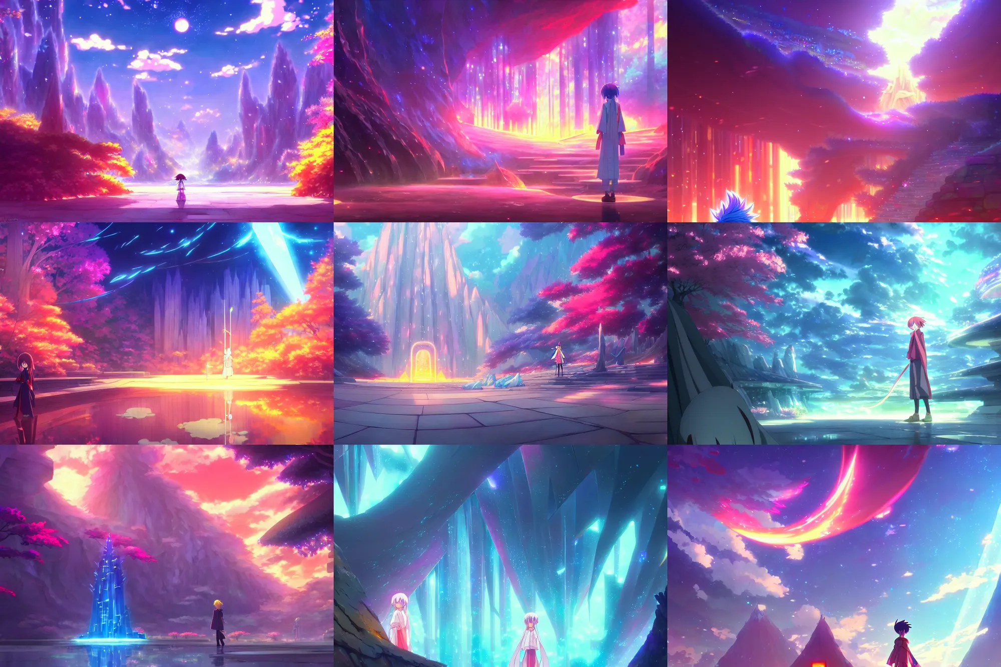 Prompt: a crystalline gate to another dimension next to a colorful kitsune wizard college, anime movie background, key visual, bamboo, a fantasy digital painting by makoto shinkai and james gurney, trending on artstation, highly detailed