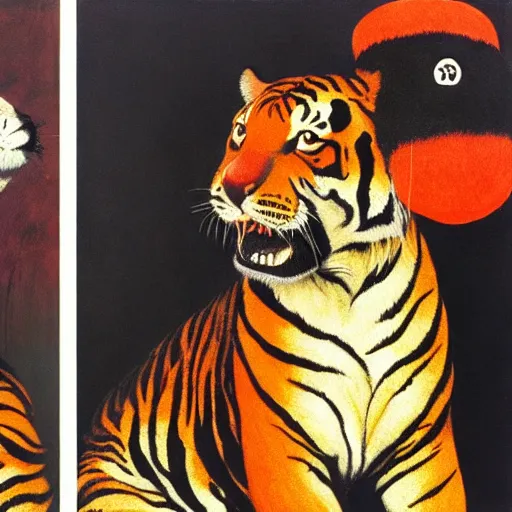 Image similar to portrait furry orange ears Mike tyson the champion disguised as a tiger wearing a black shirt norman rockwell robert rauschenberg greg rutkowski giorgio de chirico