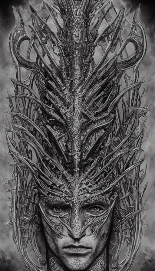 Image similar to immortal alien emperor hybrid aztec fantasy beautiful angellic symmetrical elven face mask tattoo pattern concept, teonanacatl glyph, intricate artwork by, Johnatan Wayshak, Zdizslaw Beksinski, face by Artgerm, H.R. Giger, very coherent artwork, cinematic, hyper realism, high detail, octane render, unreal engine, 8k, High contrast, higly detailed black ink outline, crosshatch sketch gradient