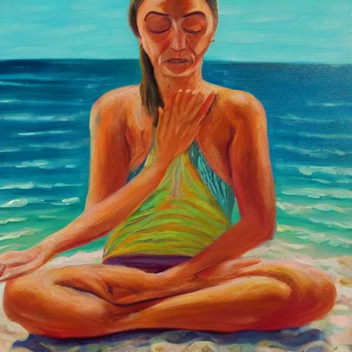 Image similar to freckled woman meditating on beach in caribbean, oil on canvas