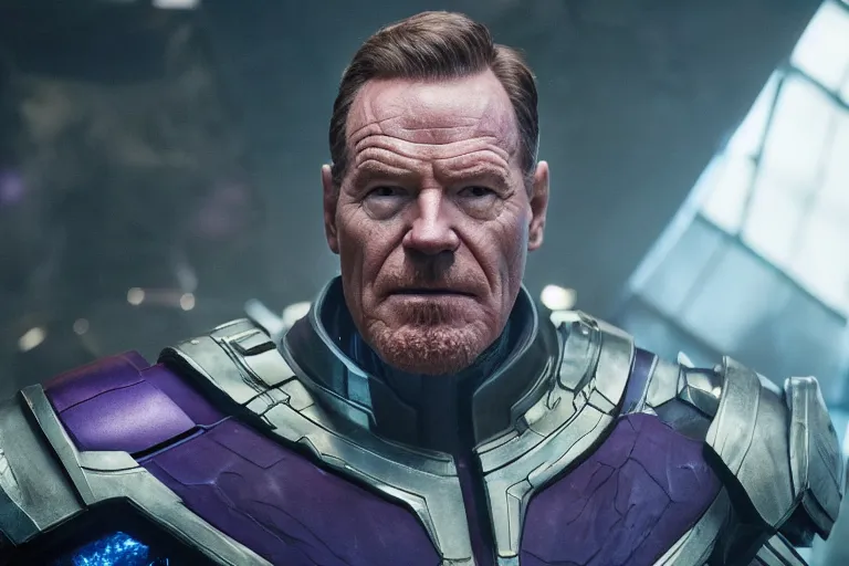 Prompt: promotional image of Bryan Cranston as Thanos in Avengers: Endgame (2019), purple skin, movie still frame, promotional image, imax 70 mm footage