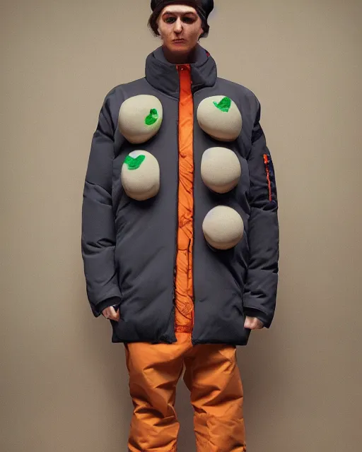 Prompt: a puffy and oversized winter jacket mango fruit jacket, concept, virgil abloh, wes anderson, ilya kuvshinov, photorealistic, artstatio, high fashion, modern