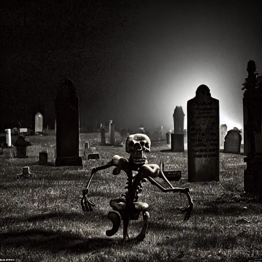 Image similar to A Skelton dancing in a grave yard, gloomy, dark, night time, foggy, dark colored, atmospheric