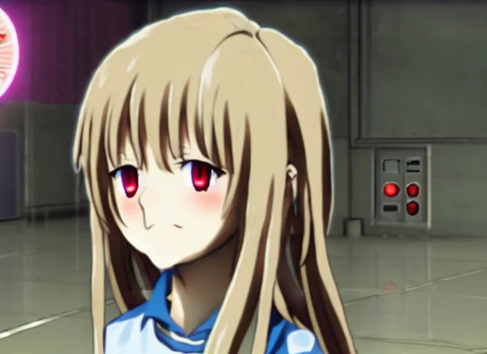 Image similar to an anime girl in a screenshot of the video game doom, the anime girl is smiling