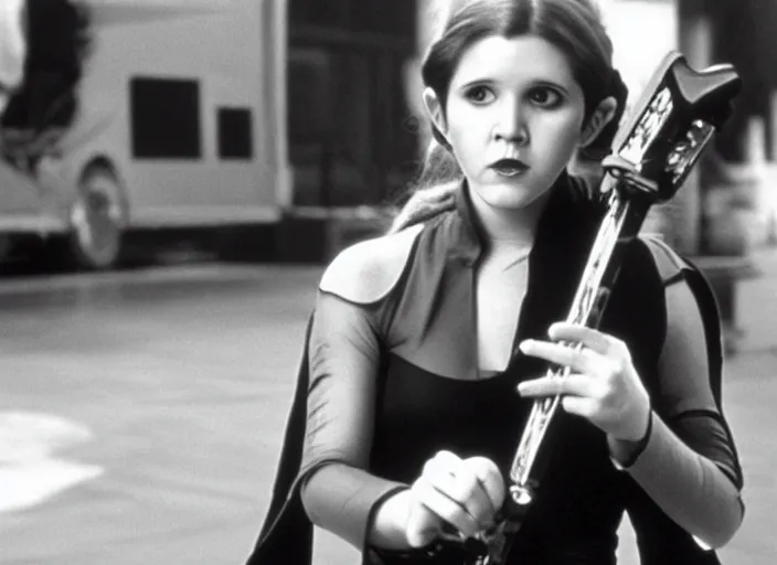 Image similar to promotional image of a young carrie fisher in a heavy metal band in a movie from 1978, rugged black clothes, detailed face, movie still frame, promotional image, imax 70 mm footage