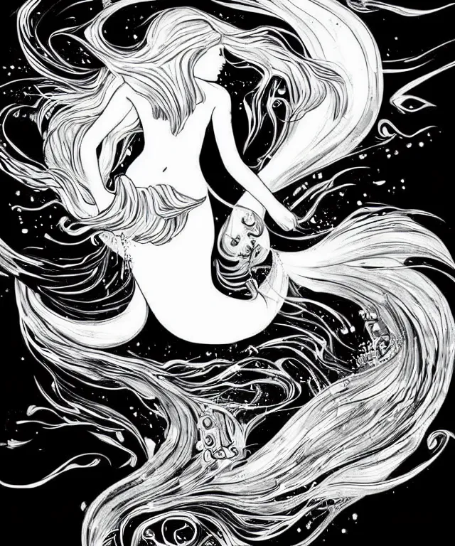 Image similar to black and white illustration, creative design, beautiful mermaid in swirling water