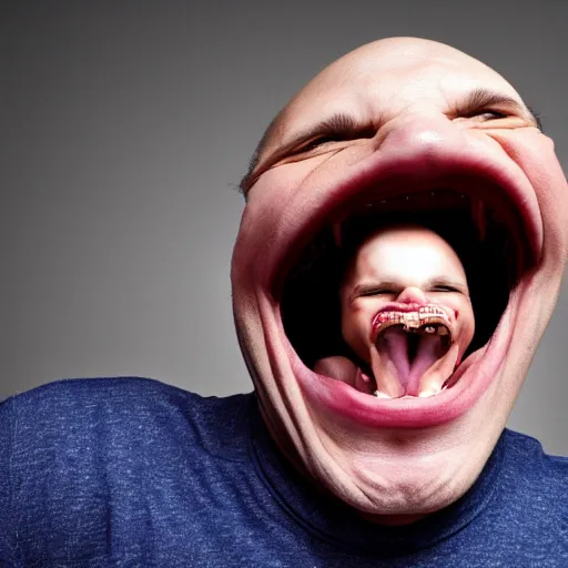 Prompt: portrait of a bald strange deform guy laughing with enourmous smile meme