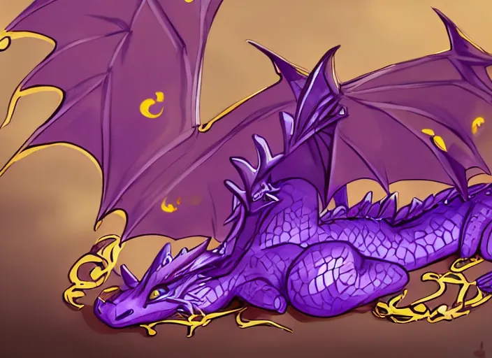 Image similar to A tiny cute purple and gold dragon lays down on its back, cute dragon relaxing, digital art, artstation