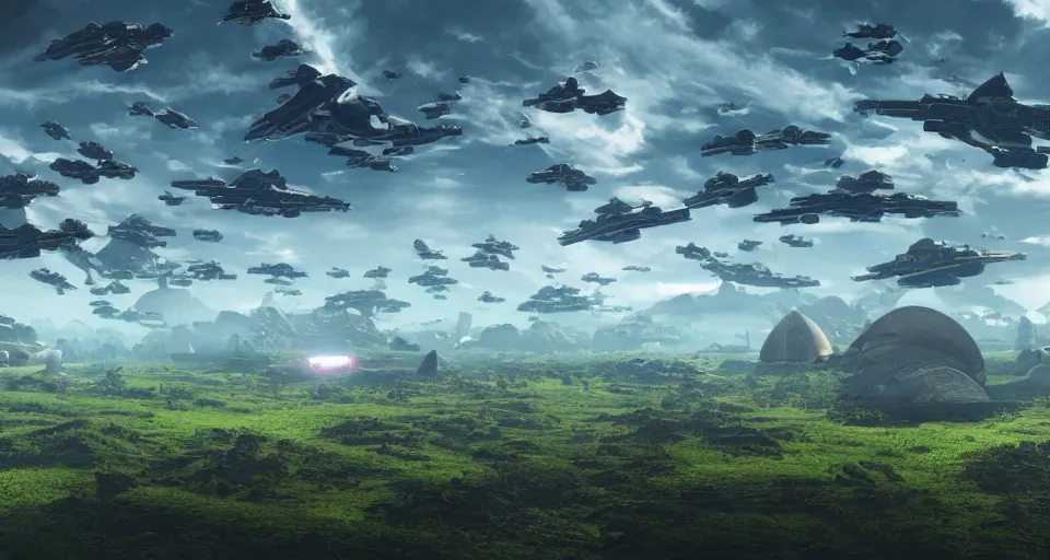 Prompt: a hundreds of passenger spaceships in formation migrating landing on new lush green beautiful heavenly planet and build a colony, concept art, high detail, intimidating, epic scale ultrawide angle, stunning, epic, great migration, cinematic, Artstation trending, octane render, hyperrealistic, Cryengine 8k UHD